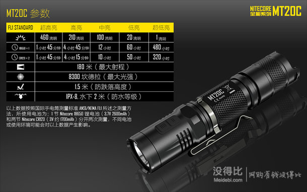 NITECORE奈特科尔 军规全能防水防尘爆闪强光小手电MT20C+I1充电器+NL83电池