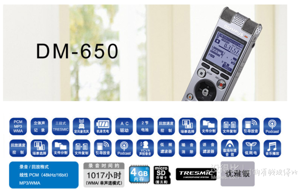 OLYMPUS奥林巴斯DM-650录音机(4G)   799元包邮