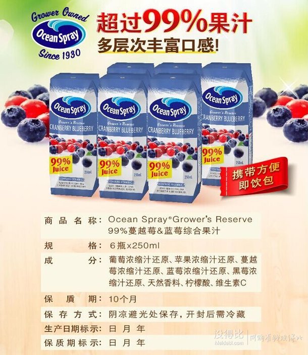 台湾进口！OceanSpray优鲜沛 99%蔓越莓蓝莓复合果汁250mlX6瓶  14.9元