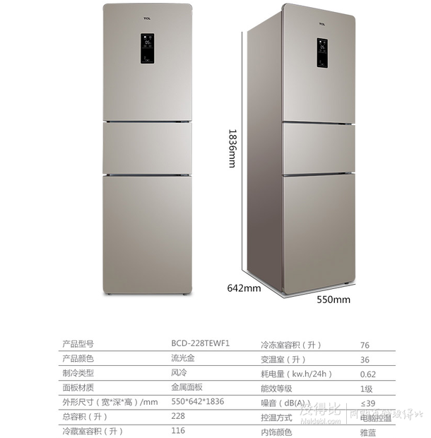 TCL BCD-228TEWF1 风冷无霜三门冰箱 228L   1799元包邮（1859-60券）