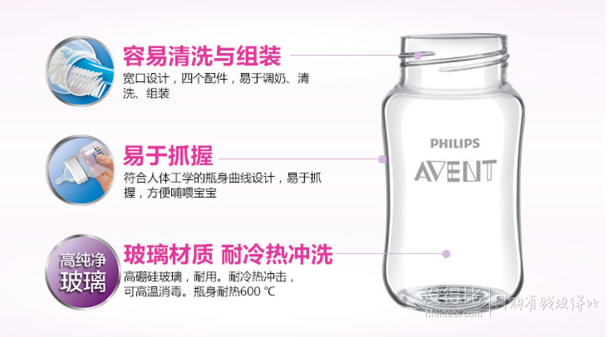 飞利浦 AVENT 新安怡 SCF679/17 宽口径自然顺畅玻璃奶瓶 240ml    45元（89元，可199-100）