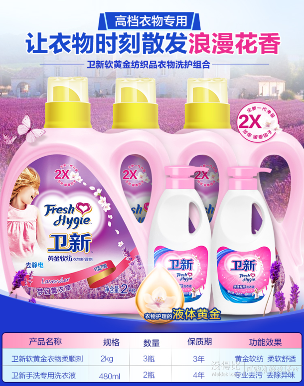 卫新 护理柔顺剂薰衣草2kg*3+480ml*2手洗洗衣液 22.95元（45.91件5折）