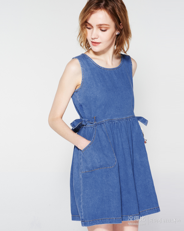 cachecache牛仔圆领背带喇叭连衣裙 3308001414