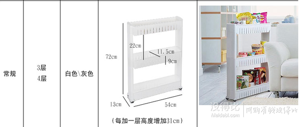众煌 厨房夹缝收纳整理柜 国产三层款 39元包邮（59-20）