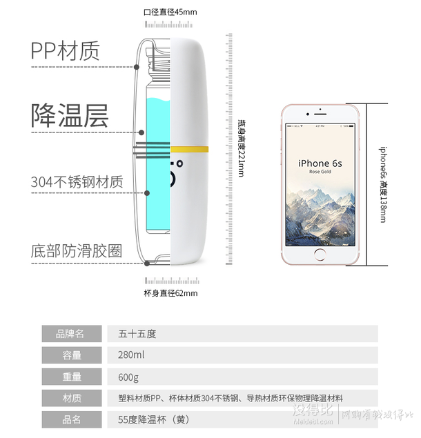 五十五度 快速降温保温杯 220/280ml   168元包邮（268-100券）