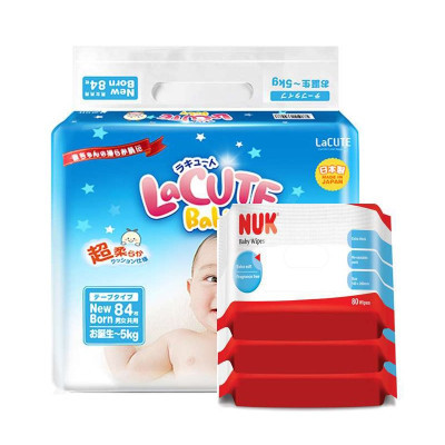 lacute 乐可爱 日本婴儿纸尿裤新生儿nb84片 nuk湿纸巾80片*3包