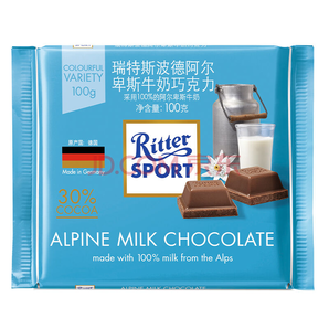 Ritter SPORT 瑞特斯波德 阿尔卑斯牛奶巧克力 100g *9件 +凑单品 69.4元（双重优惠）