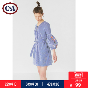 16日0点： C&A CA200202377 系带V领绣花长袖连衣裙 99元包邮