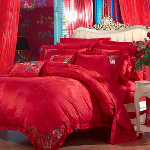 富安娜家纺圣之花 床上用品四件套婚庆结婚刺绣提花床品套件 喜结连理 1米8/2米床(230*229cm)红色