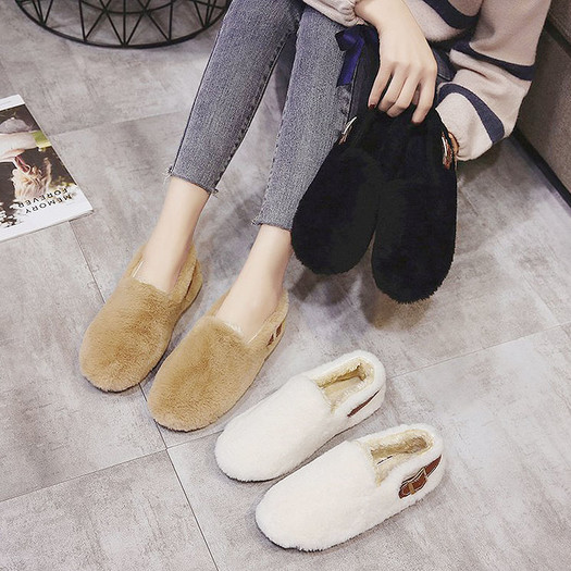 毛毛豆豆鞋女2018冬季新款韩版加绒保暖棉瓢鞋网红平底一脚蹬鞋子