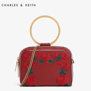 CHARLES&KEITH小方包CK2-80700661秋季玫瑰刺绣丝绒手提单肩女包
