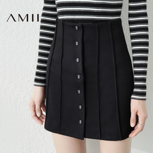 Amii[极简主义]女冬新纯色纽扣裹身裙大码半身裙11643290