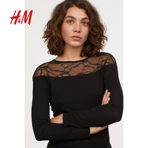 H&M女装T恤女 2018秋季新款弹力修身长袖蕾丝抵肩上衣HM0716099 40元