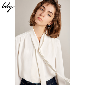 Lily冬新款女装系飘带白色气质直筒雪纺衬衫4910