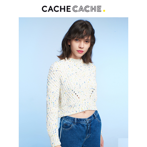 CacheCache  新款甜美少女彩点镂空短款白色针织衫