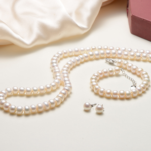 京润珍珠 扁圆白色淡水珍珠 项链手链耳钉三件 7-8mm 289元包邮（需用券）