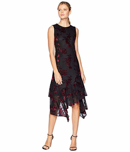 Calvin Klein Burnout Velvet Chiffon Maxi Dress w/ Asymmetrical Hem 天鹅绒雪纺长裙
