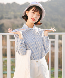 KMIOCMIIN/初秘 长袖可爱兔耳朵系带格子衬衫
