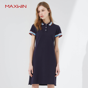 MAXWIN马威女式针织短袖连衣裙夏季女长款polo衫显瘦修身裙子 129元