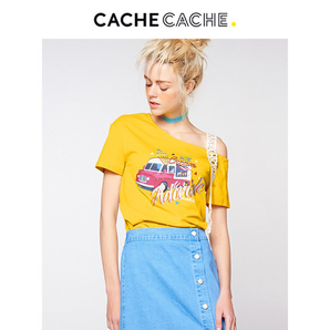 CacheCache 纯色单边露肩 印花吊带飘带短袖T恤  49.9元