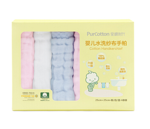 PLUS会员！PurCotton 全棉时代 婴儿水洗纱布手帕 25*25 蓝粉白色 6条/盒