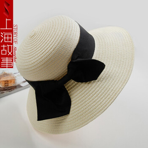 上海故事夏季遮阳草帽女士小清新韩版潮沙滩防晒帽子太阳帽渔夫帽白色