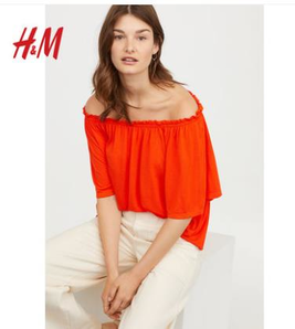 H&M女装新款 宽松短袖一字肩露肩上衣T恤