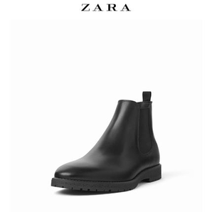ZARA新款 男鞋 黑色沟纹鞋底黑色牛皮革切尔西短靴 15699302040