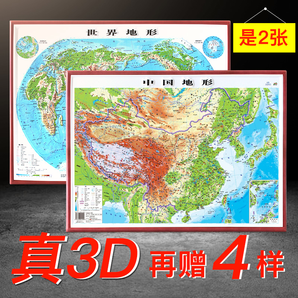 【是2幅】中国地形图+世界地形图 3D凹凸立体地图 54cmx37cm