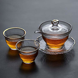 日式手工锤目纹玻璃碗 描金盖碗 闻香杯 功夫茶具套装不含杯托