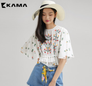 KAMA 卡玛 夏季新款短袖圆领百褶印花时尚衬衫  *3件 165.9元（合55.3元／件）