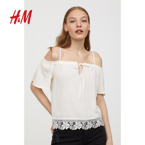 H&M DIVIDED 女装 一字肩蕾丝露肩上衣 30元