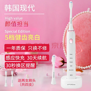 韩国现代(HYUNDAI)电动牙刷声波震动牙刷充电式防水电动牙刷款情侣款牙刷 白色