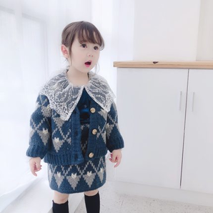 2019秋冬小香风女童格子毛衣套装亲子款女宝宝开衫半裙两件套洋气