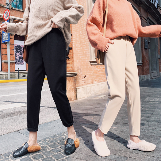 毛呢裤女2019年冬季哈伦奶奶裤女秋冬九分宽松直筒高腰休闲萝卜裤