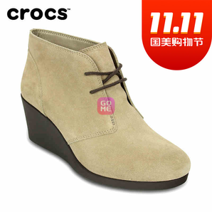 Crocs女鞋 卡骆驰时尚皮质纯色秋季蕾丽系带坡跟厚底靴|203419(棕褐色 38)