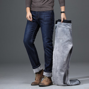 珞缤垲 男士加绒加厚款 修身直筒牛仔裤  