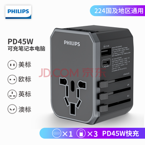 PHILIPS 飞利浦 SPS1003A PD/QC45W全球通用转换插头 旅行插座 169元包邮（需1元定金）