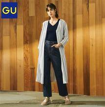 GU 极优女装 条纹V领长衫(7分袖)前排扣森系 长款 衬衫女320360