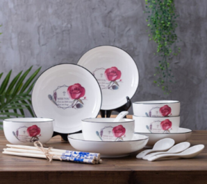 PLUS会员： 應州東進 釉中彩北欧植物花卉碗盘碟套装 相思玫瑰 16件套装 24.9元包邮（2人拼，需用券）