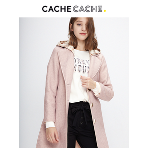CacheCache2019春季新款蝴蝶结西装领可拆卸连帽中长款大衣外套女