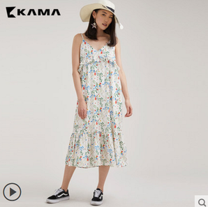 KAMA 卡玛 7218165 中长款v领碎花连衣裙 49.5元包邮（立减）