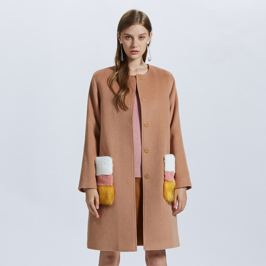 ochirly欧时力女士春装气质撞色绒毛口袋羊毛呢外套