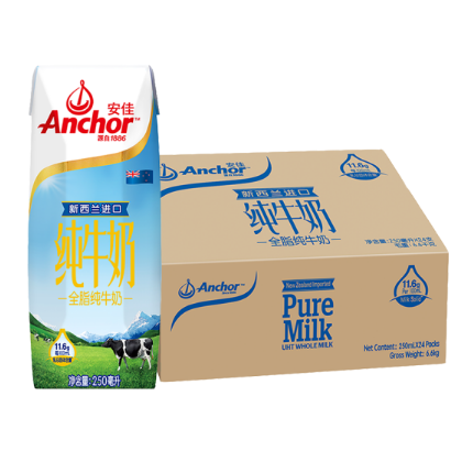 plus会员:anchor 安佳 牛奶 全脂纯牛奶 250ml*24盒/箱