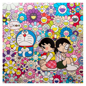 阿斯蒙迪村上隆太阳花哆啦a梦正方形手工画框6060cm保真亲笔签名版画