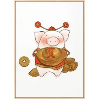 海龙红 招财猫猪年画 中国风客厅装饰画《A-财到》43x60cm 油画布 原木色外框