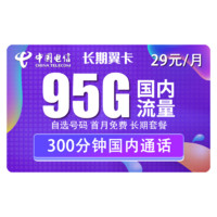 CHINA TELECOM 中国电信 长期翼卡（95G全国流量+300分钟）