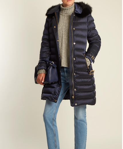 burberry博柏利女士羽绒大衣海军蓝狐狸毛领