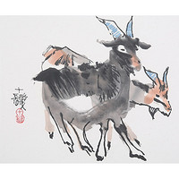 朶雲軒 程十发 动物图案装饰画《双羊》画芯约23.5x28.5cm 宣纸 木版水印画