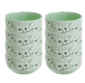 竹木本记 日式陶瓷碗套装4.5英寸8个装 雪花釉绿色